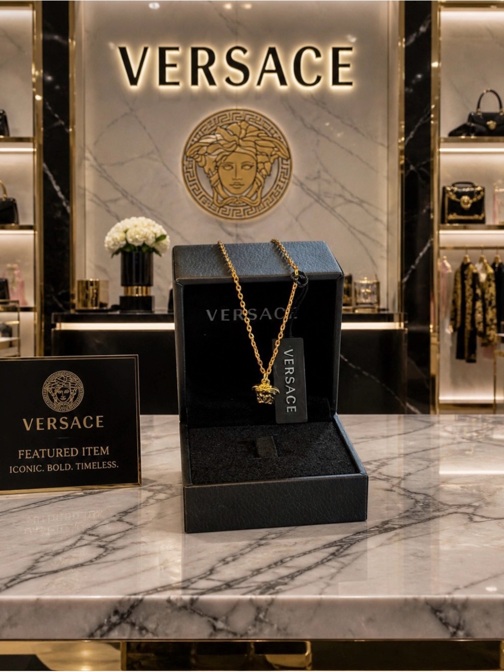 Versace NIB Gold Medusa Head low greca Necklace - Gold Tone